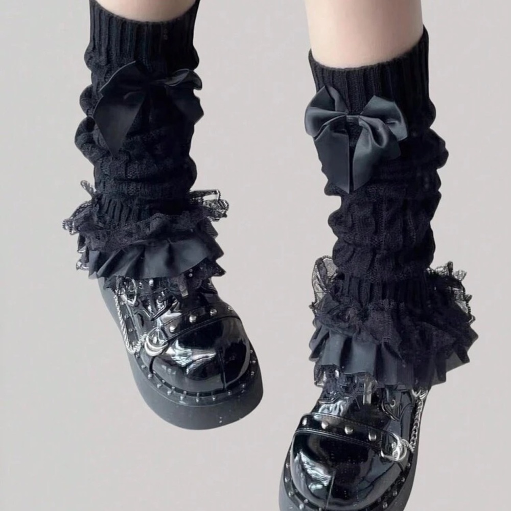 Y2K Grunge Bow Leg Warmers with Ruffle Lace Trim
